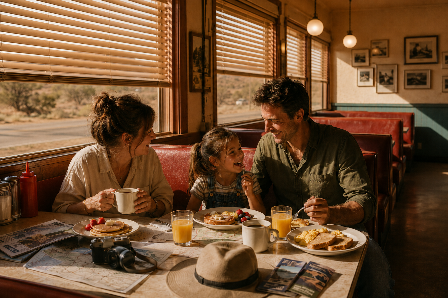 A family having breakfast in a booth