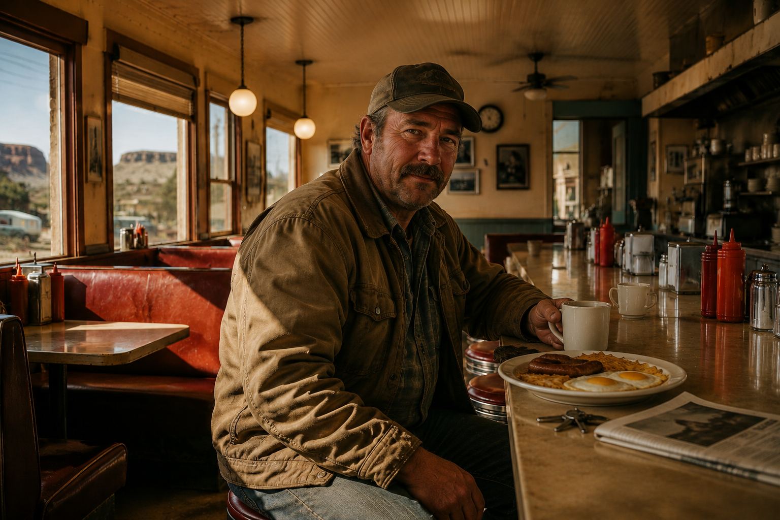 A regular at the counter with breakfast and coffee