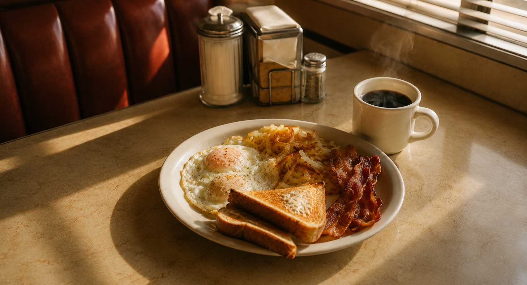 Eggs, hash browns, bacon and toast